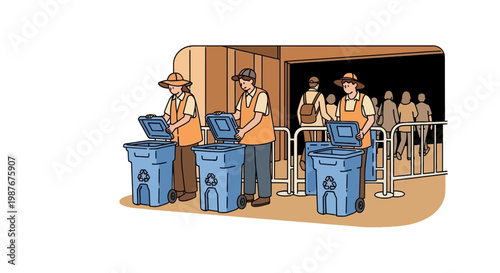 Sanitation workers managing blue recycling bins at a public event