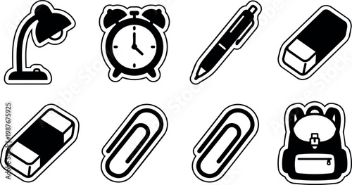 Black and white vector icons of desk lamp alarm clock pen eraser paper clips and backpack
