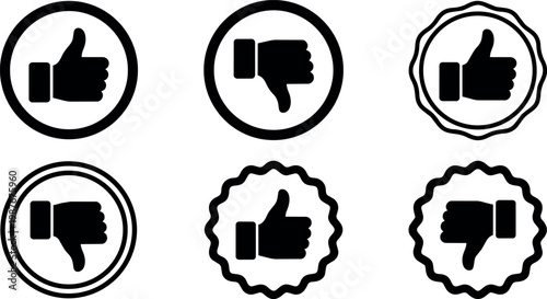Black and white thumbs up and down icons with circular and wavy borders vector art