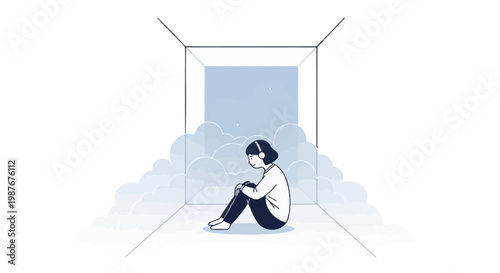 Woman with Headphones Sitting Alone in a Dreamlike Box Illustration