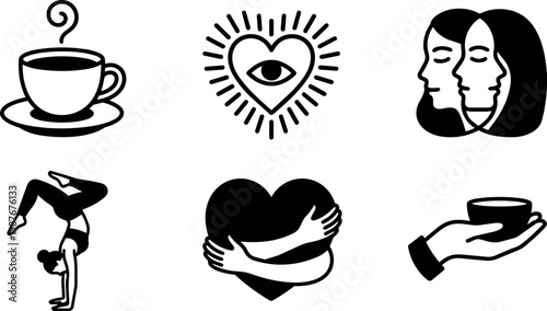 Black and white heart with hugging arms and eye symbol with cup icons