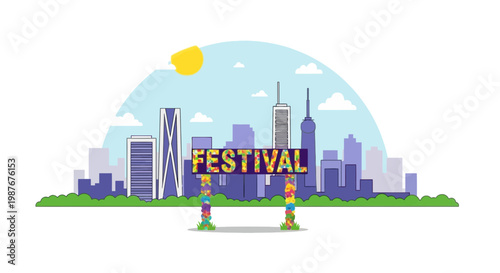 Colorful Urban City Festival Banner and Skyline Illustration