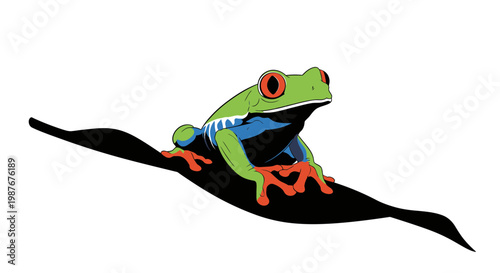 Red-eyed Tree Frog Vector Illustration Sitting on Leaf Silhouette