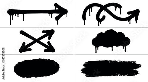 Black dripping arrows and paint blots vector art set