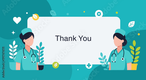 Two Professional Female Nurses Saying Thank You for International Nurses Day Celebration in Flat Vector Illustration with Copy Space