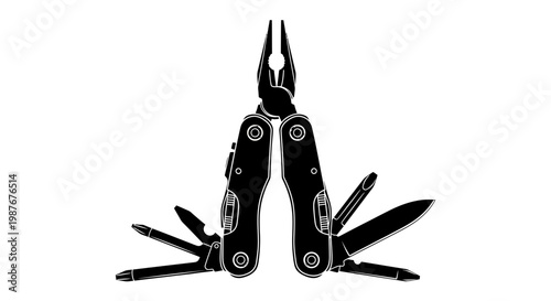 Black Multitool Silhouette Illustration with Pliers and Blades