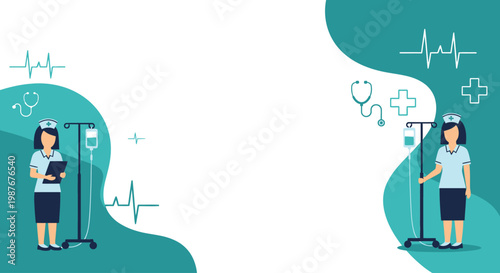 Two Professional Female Nurses Standing with IV Drip Stand and Clipboard for International Nurses Day Banner in Flat Vector Style