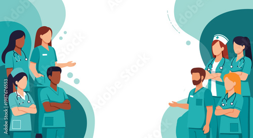 Diverse International Medical Team of Nurses Standing in Group for International Nurses Day Celebration Banner in Flat Vector Illustration