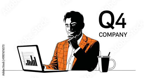 Businessman analyzing Q4 financial data on laptop illustration