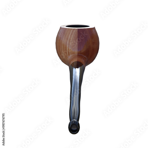 Wooden smoking pipe with metal stem on white background