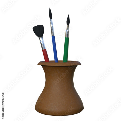 Three paint brushes in a brown holder