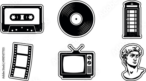 Black and white retro icons of cassette vinyl film television statue and telephone booth