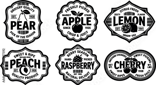 Black and white vintage fruit label designs for pear apple lemon peach raspberry cherry