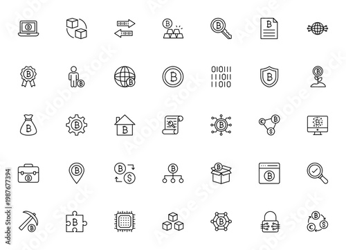 Bitcoin icon set. Cryptocurrency vector icons pack. Includes symbols for blockchain, mining, wallet, security, trading, global network and more.