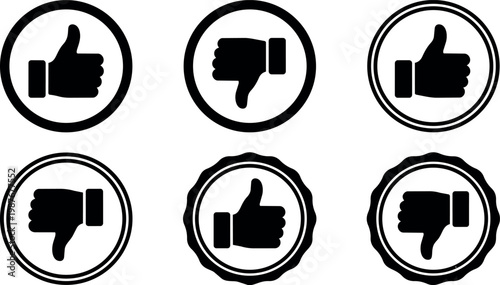 Black and white thumbs up and thumbs down icons set in circle badges