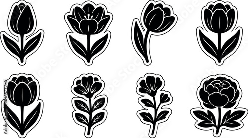 Black and white floral vector art with tulip and peony flowers in line art style
