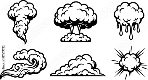Black and white smoke and explosion vector art set with cloud shapes and burst lines