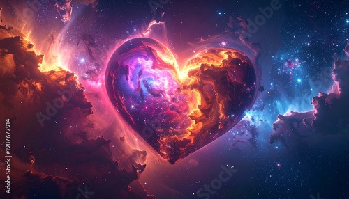 A cosmic heart floats amidst vibrant nebulae. Intense pinks, oranges, and purples radiate, intertwined with glittering starlight. A celestial love symbol