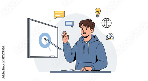 Young man teaching online, drawing on a whiteboard, virtual education concept