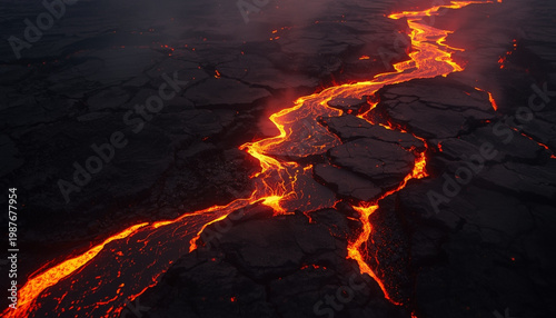 Molten magma flowing through cracked volcanic landscape with glowing lava rivers and dramatic smok