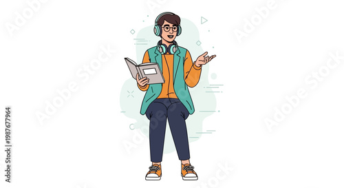 Young man with headphones reading a book and gesturing, modern illustration