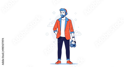 Young man with headphones and jacket, modern illustration, standing with hands in pockets