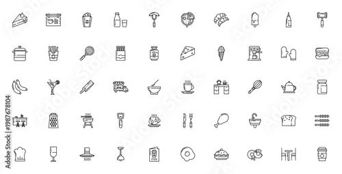 Cafe icon set. Food and drink vector collection. Minimal line icons for bakery, restaurant, cooking, bar, and kitchen tools. Editable stroke graphics.