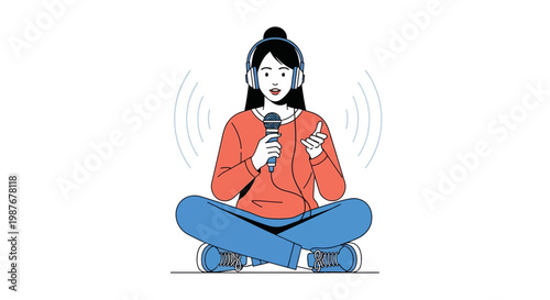 Young Woman Podcaster with Headphones and Microphone Recording Audio