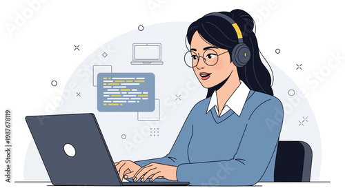 Young woman programmer wearing headphones working on laptop, coding on screen, technology concept
