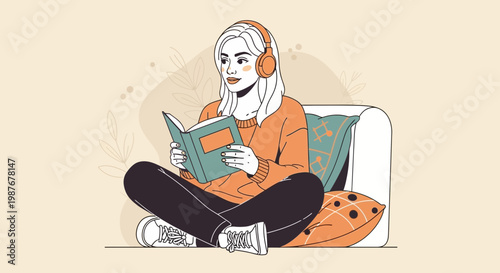 Young Woman Reading Book Wearing Headphones, Relaxing on Sofa with Cushions