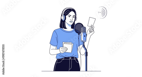 Young Woman Recording Audio with Microphone and Headphones in Studio