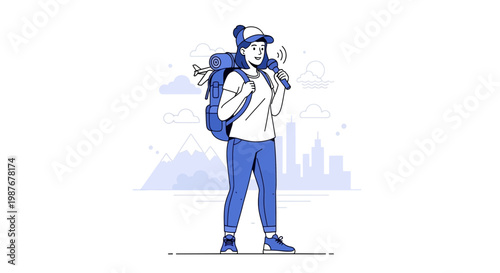 Young woman traveler with backpack and airplane, city and mountains background