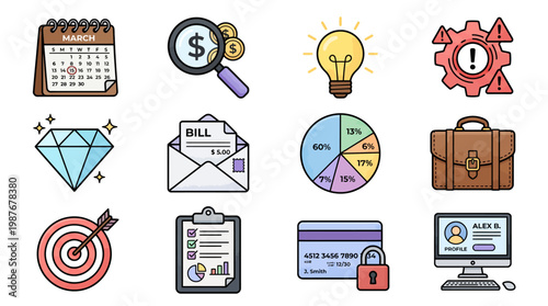 Business Finance and Strategy Icons Indicating Planning, Growth, and Workflow.