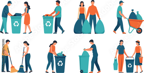 People cleaning environment vector set with volunteers collecting trash, recycling waste and eco activities in modern flat illustration isolated on white background