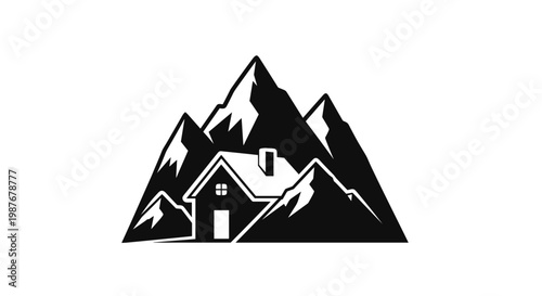 Black and white mountain house silhouette.