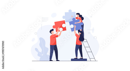 Teamwork puzzle solution, people assembling jigsaw pieces, collaboration concept