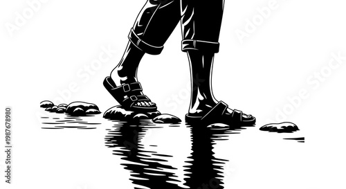 Minimalist vector of feet walking on stepping stones in water