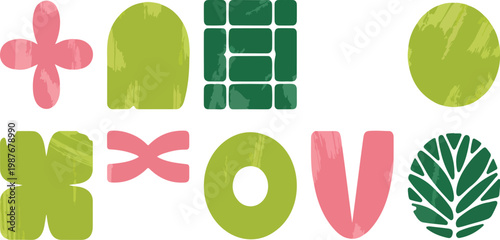 Brutalist geometric eco shapes set with organic textures, contemporary abstract forms in rewilding aesthetic modern vector design collection