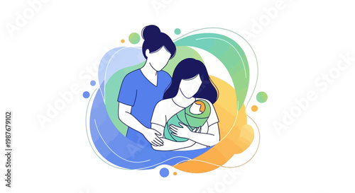 Celebrating the midwifery profession, a line art illustration shows a midwife and a mother holding her newborn baby against an abstract backdrop with soft, pastel colors, conveying a sense