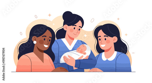 A vector illustration celebrates International Midwives' Day, showing three diverse female characters: one holding a newborn baby, with soft pastel colors and a caring mood against a clean