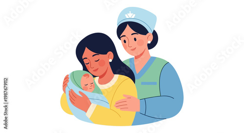 A vector illustration celebrates International Midwives' Day, featuring a midwife tenderly caring for a newborn baby in the arms of its mother, against a clean white backdrop