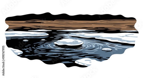 Stylized Vector Illustration of Melting Ice Floes on Water