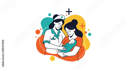 A flat vector illustration depicts a midwife gently holding a newborn baby, with the mother looking on, set against a clean white background with colorful abstract shapes, conveying a sense