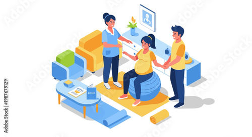 Isometric illustration celebrating International Midwives' Day, showing a midwife assisting a pregnant woman on a birthing ball, her partner nearby, in a stylized, bright blue and yellow