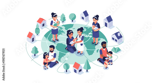 Isometric illustration celebrating International Midwives' Day, with midwives and families encircling a world map, symbolizing their vital role in childbirth and health, set against a clean