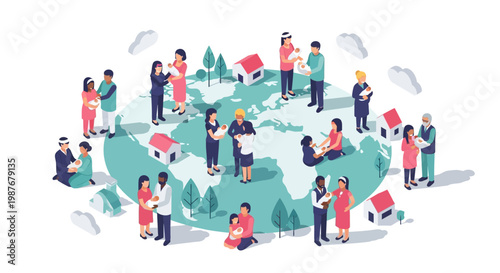 An illustration celebrates International Midwives' Day with diverse characters caring for babies around a stylized world map, rendered in a flat, vector style with a clean white background