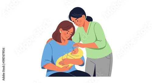 Flat vector illustration celebrating International Midwives' Day, showing a midwife gently caring for a newborn baby while the mother looks on with care, set against a clean white