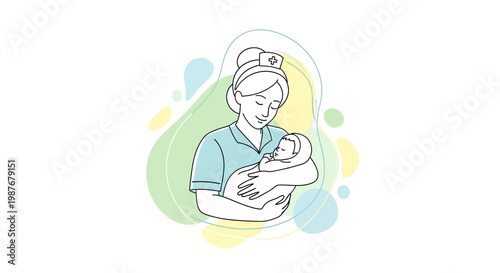 A minimalist vector illustration celebrates the midwifery profession, depicting a midwife gently caring for a newborn baby against a clean white backdrop with soft pastel accents, honoring
