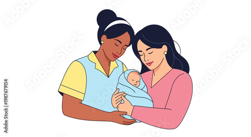 A heartwarming vector illustration celebrates International Midwives' Day, depicting two women tenderly holding a newborn baby wrapped in a blue blanket, set against a clean white
