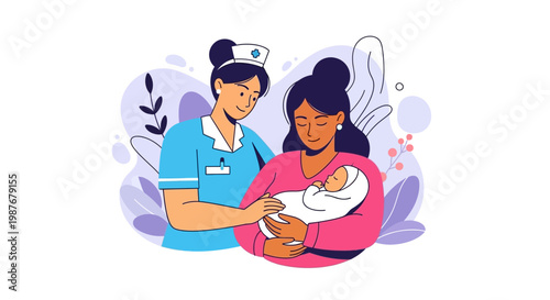An illustration celebrating International Midwives' Day shows a midwife in blue uniform gently caring for a newborn baby held by its mother, set against a clean white background